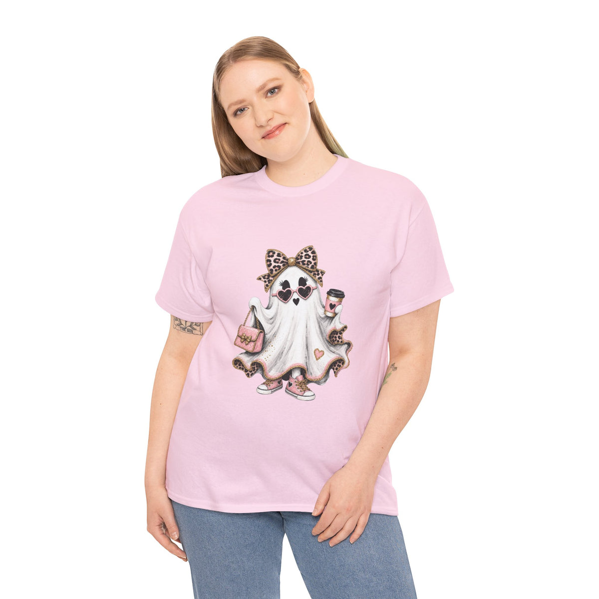 Cute Leopard Bow Ghost Tee — Pink Trick-or-Treat Halloween T-Shirt