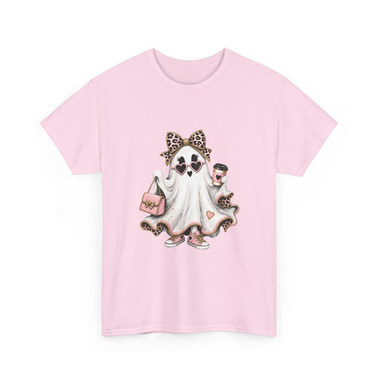 Cute Leopard Bow Ghost Tee — Pink Trick-or-Treat Halloween T-Shirt