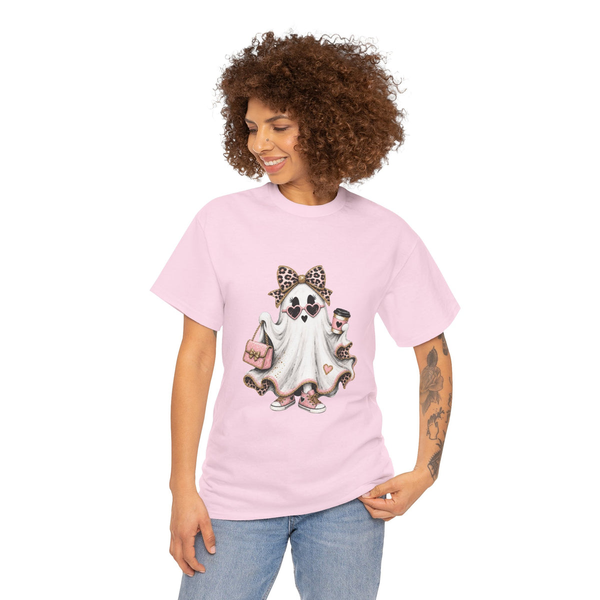 Cute Leopard Bow Ghost Tee — Pink Trick-or-Treat Halloween T-Shirt