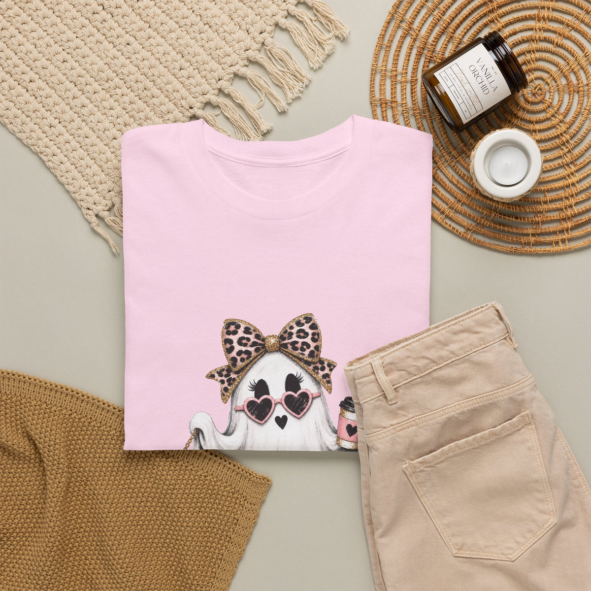 Cute Leopard Bow Ghost Tee — Pink Trick-or-Treat Halloween T-Shirt